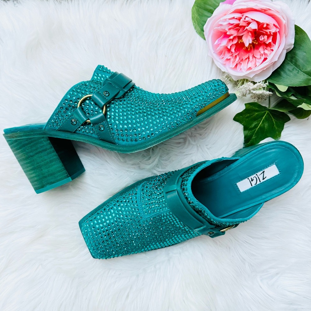 NEW | Zigi Alieh Teal Rhinestone Mules